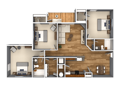A detailed 3D floor plan of a house layout.