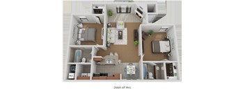 A 3D floor plan of a two-bedroom apartment named Joan of Arc.