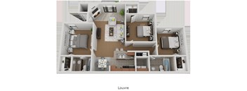 A 3D floor plan of a house layout.