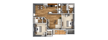 A detailed 3D floor plan of a house layout.