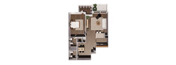 A top-down view of a house layout with a living room, kitchen, and two bedrooms.