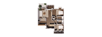 A floor plan of a house with a kitchen, living room, dining room, and two bedrooms.