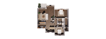 A top-down view of a modern apartment layout.