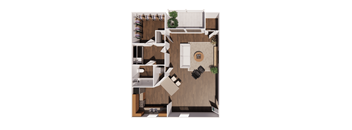 A top down view of a modern apartment layout with a kitchen, living room, and dining area.