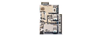 A 3D rendered image of a house layout.