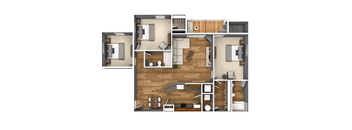 A detailed 3D floor plan of a house layout.