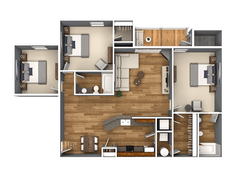 A detailed 3D floor plan of a house layout.