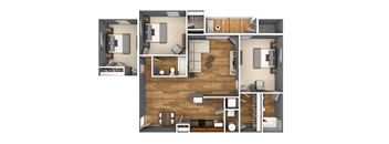A detailed 3D floor plan of a house showing all rooms and furniture layout.