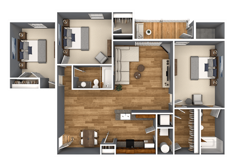 A detailed 3D floor plan of a house showing all rooms and furniture layout.