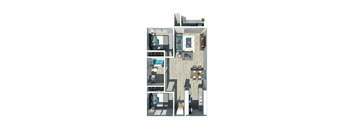 A 3D floor plan of a small apartment with a kitchen, living room, and bathroom.