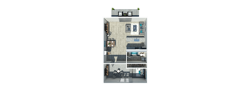 A 3D floor plan of a small apartment with a kitchen, living room, and bedroom.