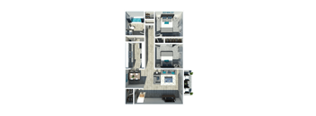 A 3D floor plan of a house with a swimming pool.