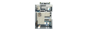 A 3D floor plan of a small apartment with a kitchen, living room, and bathroom.