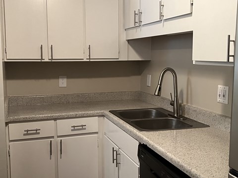 A kitchen with a sink and cabinets.