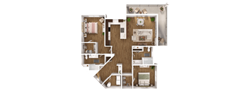 A detailed 3D floor plan of a house layout.