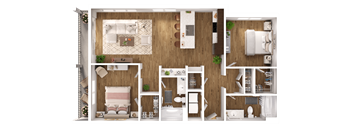 A detailed 3D floor plan of a modern apartment layout.