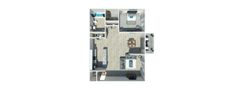 A 3D rendered image of a modern apartment layout.