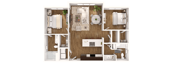 A top-down view of a modern apartment layout with a kitchen, living room, and bedrooms.