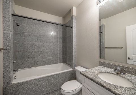 a bathroom with a tub sink and toilet and a mirror