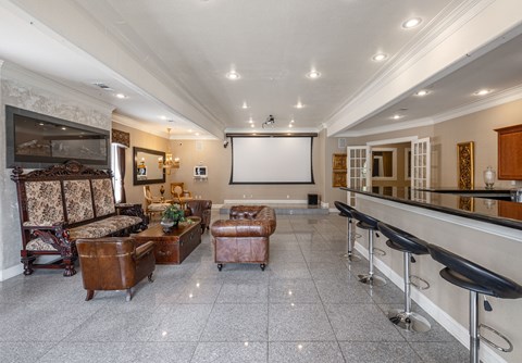 the living room has a bar and a projector screen