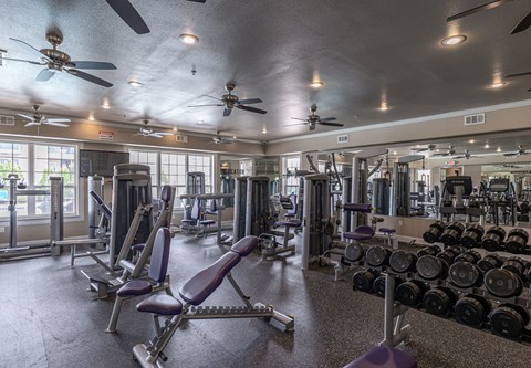 a gym with weights and cardio equipment and ceiling fans