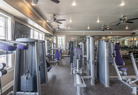 a fitness room with cardio equipment and weights