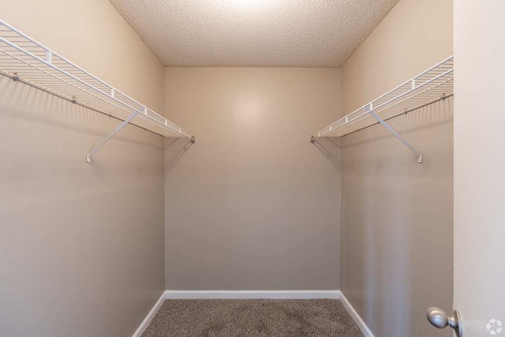 a spacious walk in closet in a bedroom with a mirrored closet door