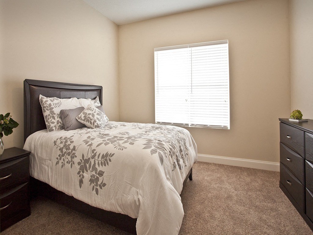 a bedroom with a bed and a dresser and a window