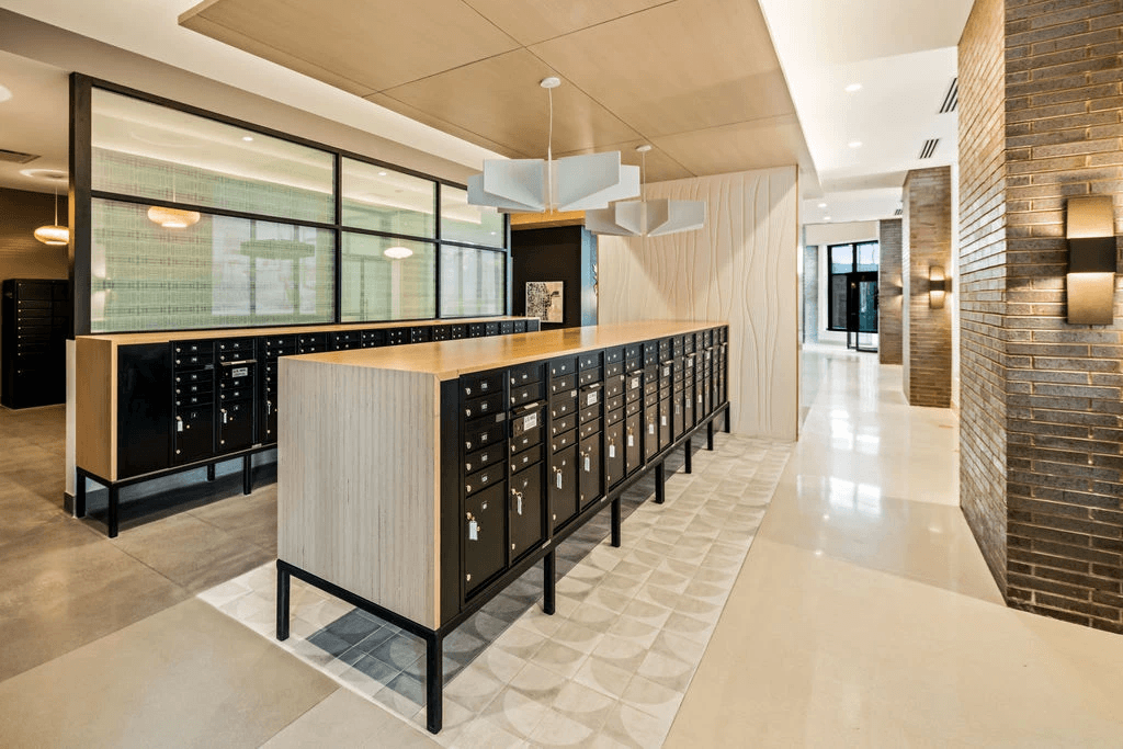 a view of the mailroom from the entrance of the building