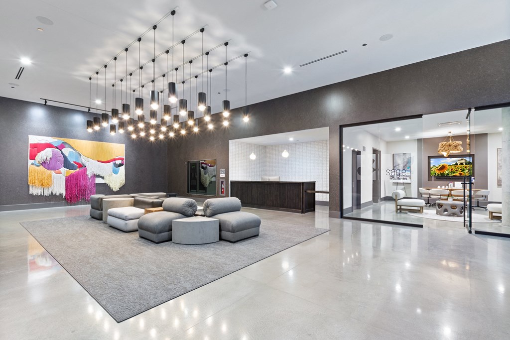a rendering of the lobby at the flats at big tex apartments in san antonio