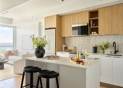 A modern kitchen with a bar stool and a countertop with a potted plant on it.