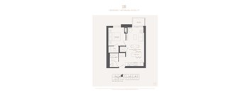 A black and white image of a floor plan for a 1 bedroom, 1 bathroom apartment.
