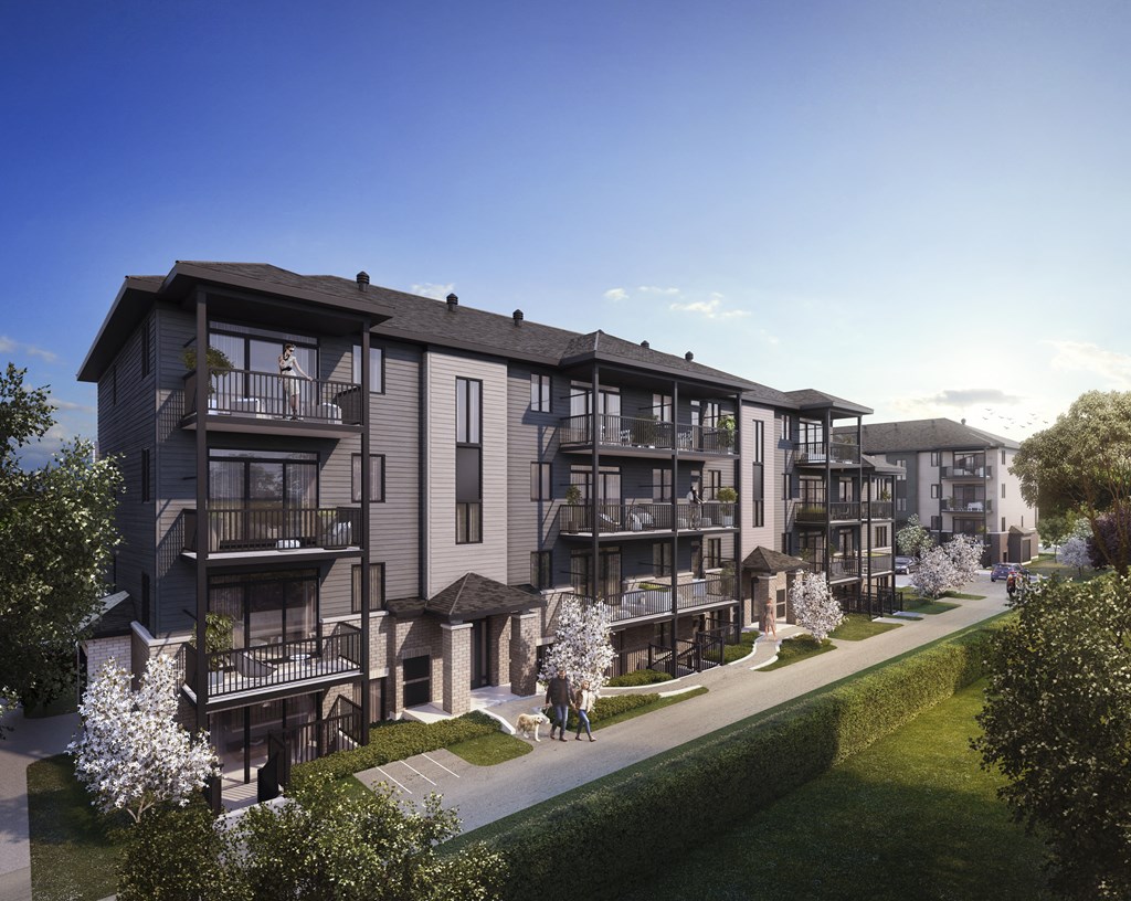 a rendering of an apartment building on a sidewalk