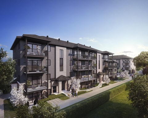 a rendering of an apartment building on a sidewalk