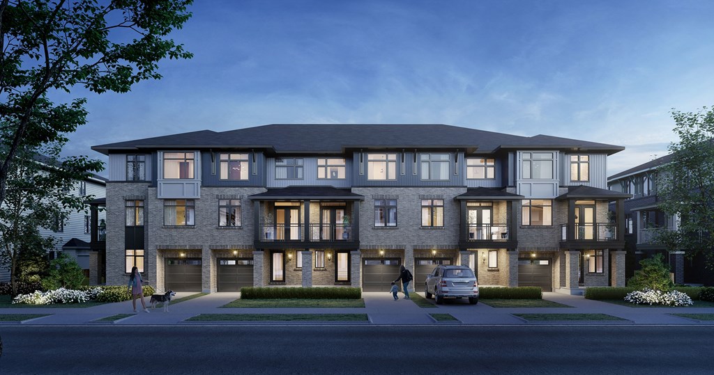 a rendering of an apartment building with a van parked in front of it