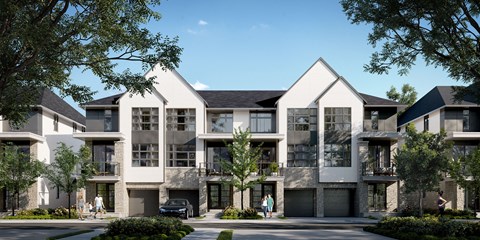 a rendering of a four story apartment building with white and gray facade and a street