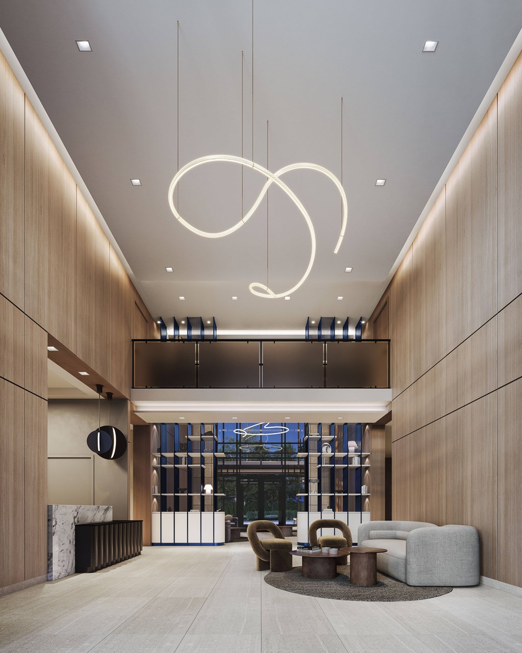 A modern interior with a large circular light fixture hanging from the ceiling.