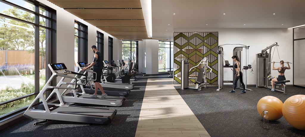 A gym with people working out and exercise equipment.