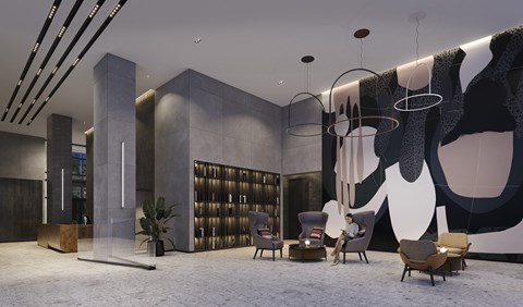 a rendering of a lobby with chairs and a chandelier