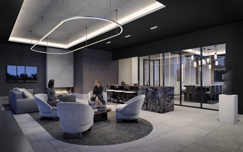 a rendering of a lobby with couches and chairs