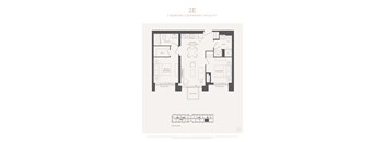 A black and white image of a 2 bedroom, 2 bathroom apartment that is 734 square feet.