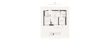 A black and white image of a 2 bedroom, 2 bathroom apartment that is 734 square feet.