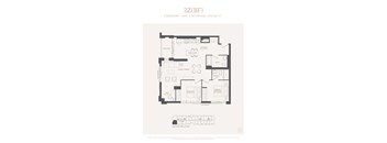 A black and white image of a floor plan for a 2 bedroom, 2 bathroom apartment.
