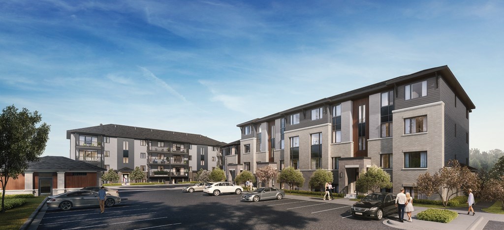 a rendering of an apartment complex on a city street