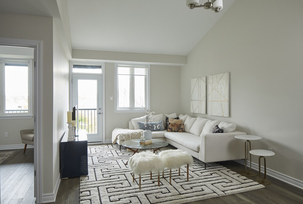 a living room with a white couch and a rug