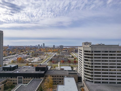 the view of the city from the top of a building