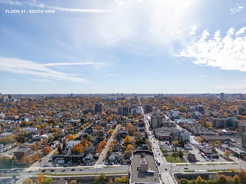 an aerial view of the city in the fall