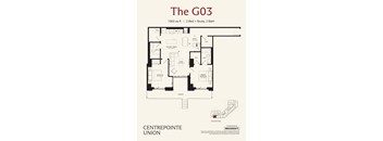 A floor plan for a 1063 square foot home with two bedrooms, a study, and two bathrooms.