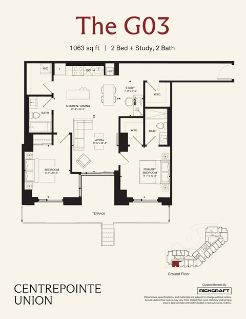 A floor plan for a 1063 square foot home with two bedrooms, a study, and two bathrooms.