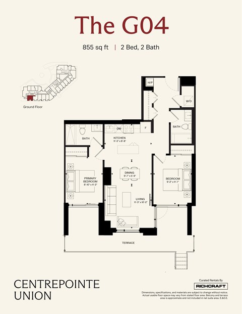 A floor plan for a 855 sq ft apartment with 2 beds and 2 baths.